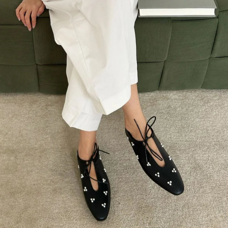 Metal Rivet Decoration Shallow Mouth Ballet Flats High Quality Soft Bottom Lacing Flat Shoes Casual Comfy Shoes