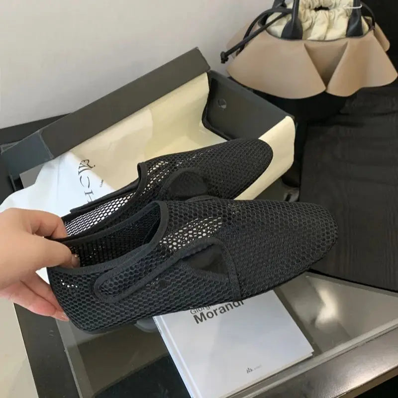 Red Ballet Flats Low Heel Pumps Mesh Mary Jane Shoes Comfort Flat Shoes Black Round Toe Beach