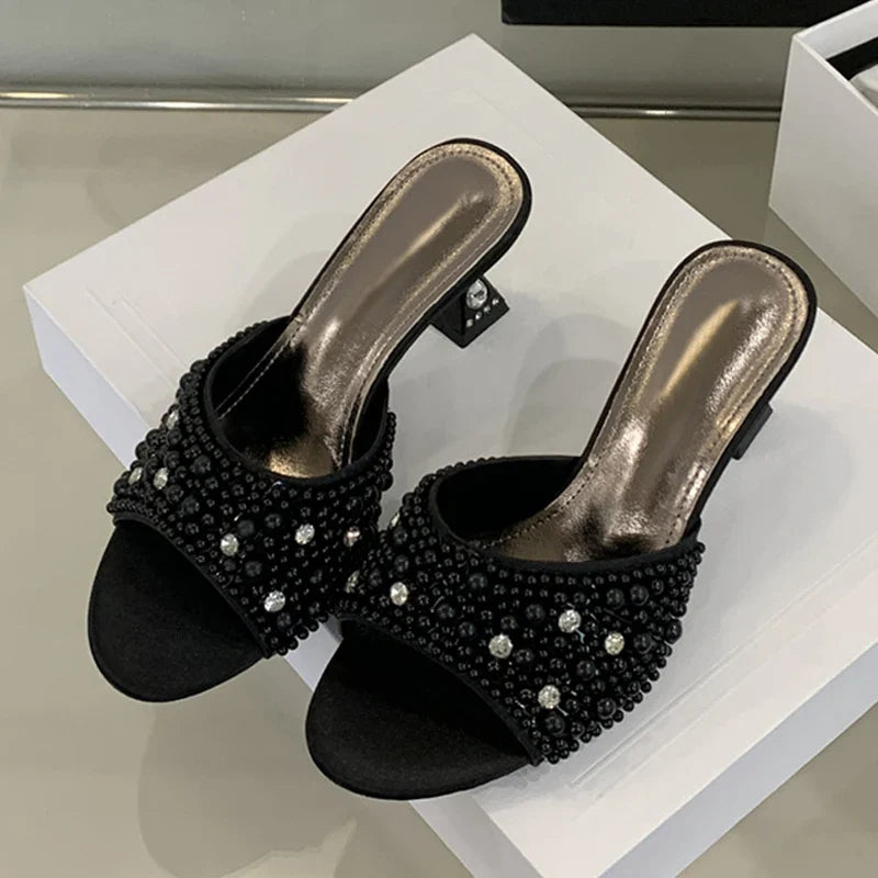 White Pearl Sandals Open Toe Crystal Rhinestone Low Heels Mules Party