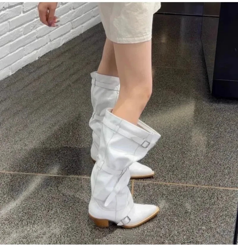 Vintage Pleated Belt Buckle Faux Suede Knee High Boots High heels Western Cowboy Knight Boots Shoes