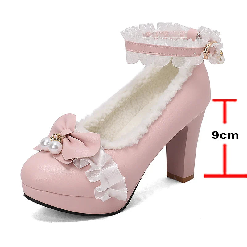 Ankle Strap Lolita Pumps Round Toe Thick High Heels Buckle Ruffles Bow Kawaii Cosplay Shoes Autumn