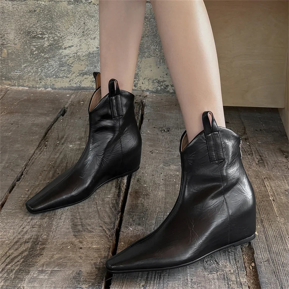 Elegant Wedges High Heels Ankle Boots Pointed Toe Office Pumps Side Zipper Easy Wear Short Warm Boots Shoes