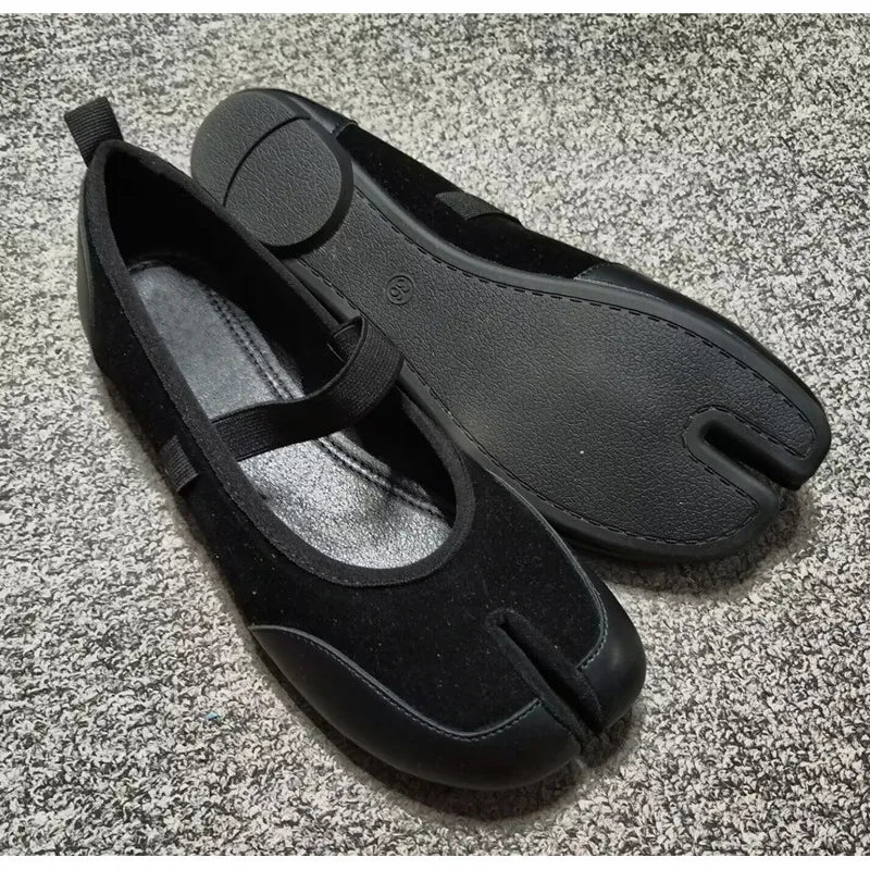 Split toe Faux suede Patchwork Tabi Ballet Flats Mary Janes Walking Loafers Casual Girls Dance Shoes