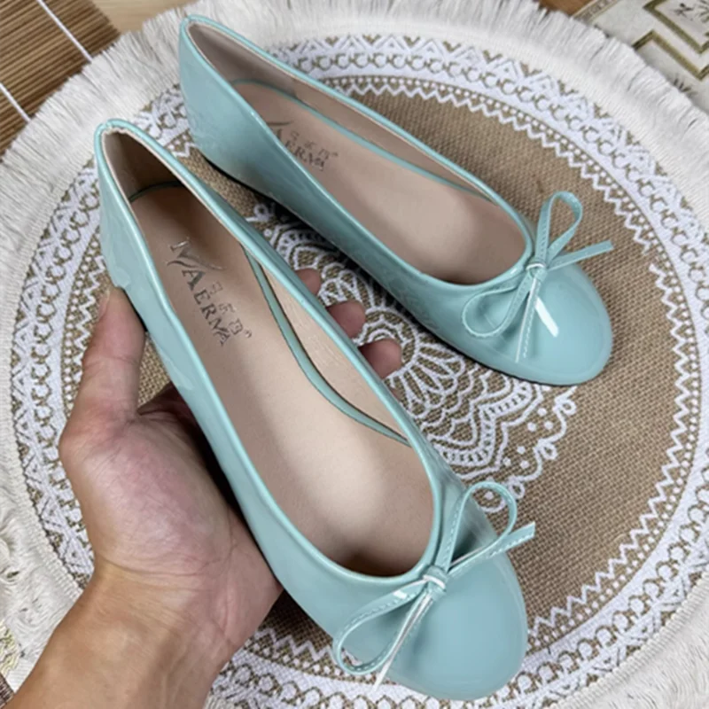 Round Toe Ballet Flats Spongy Bottom Hot Italian Shoes Patent Leather Classic Bow-Knot Dressing Slip-On 34 48 47