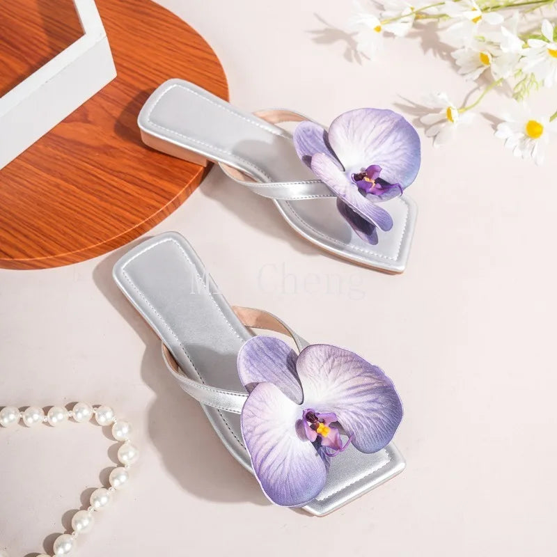 Brand Shoes Elegant Flowers Design Slippers Casual Outer Wear High Heel Slides