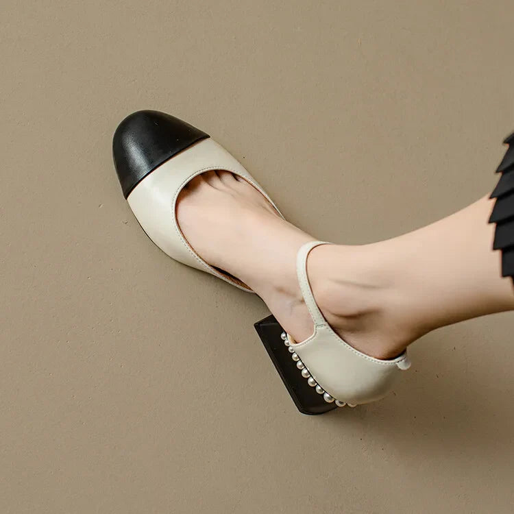 Sheepskin Leather Pumps Pearls Chunky Heels Shoes Brand Two Tone Buckle Pumps Wedding Party Dressy Shoes