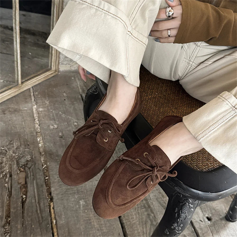 Ballet Flats Shoes Suede Leather Lace Up Casual Loafers Flats Heels Street Office Lady Loafers Shoe