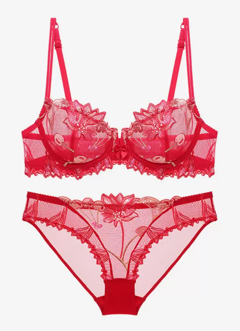 See Through Flower Chic Lingerie Two-Piece Lace Bra Panty Sets