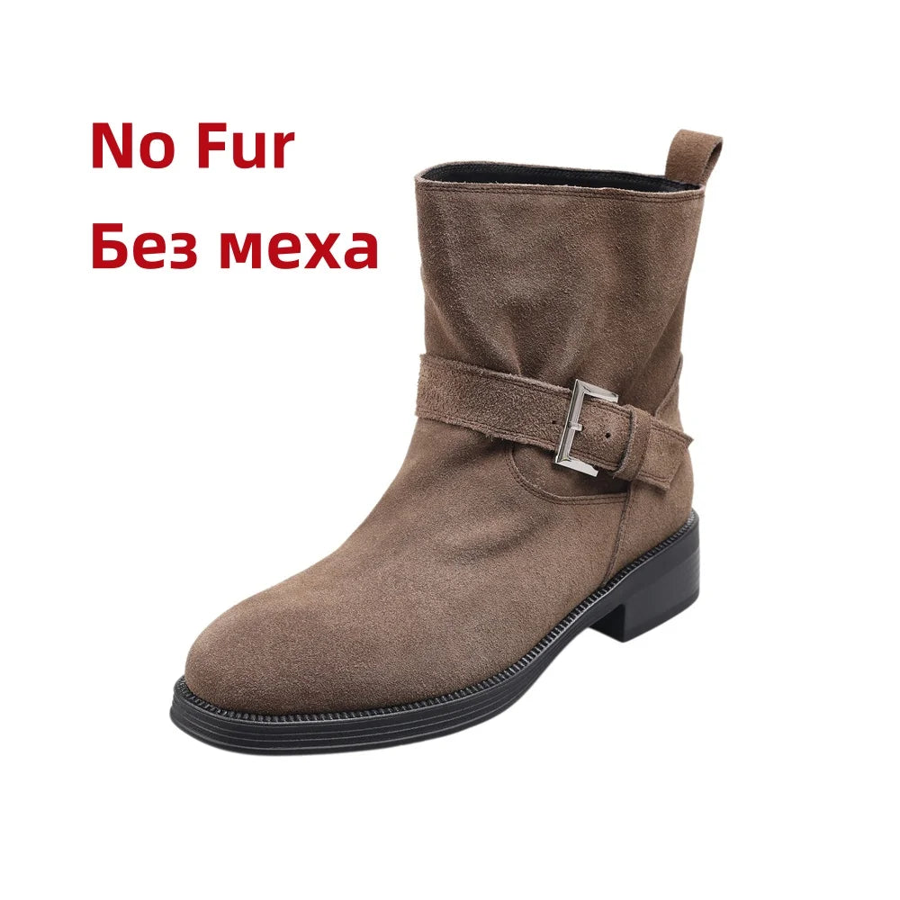 Ankle Boots Cow Suede Round Toe Motorcycle Boots Thick Low Heels Warm Shoes Buckles Boots