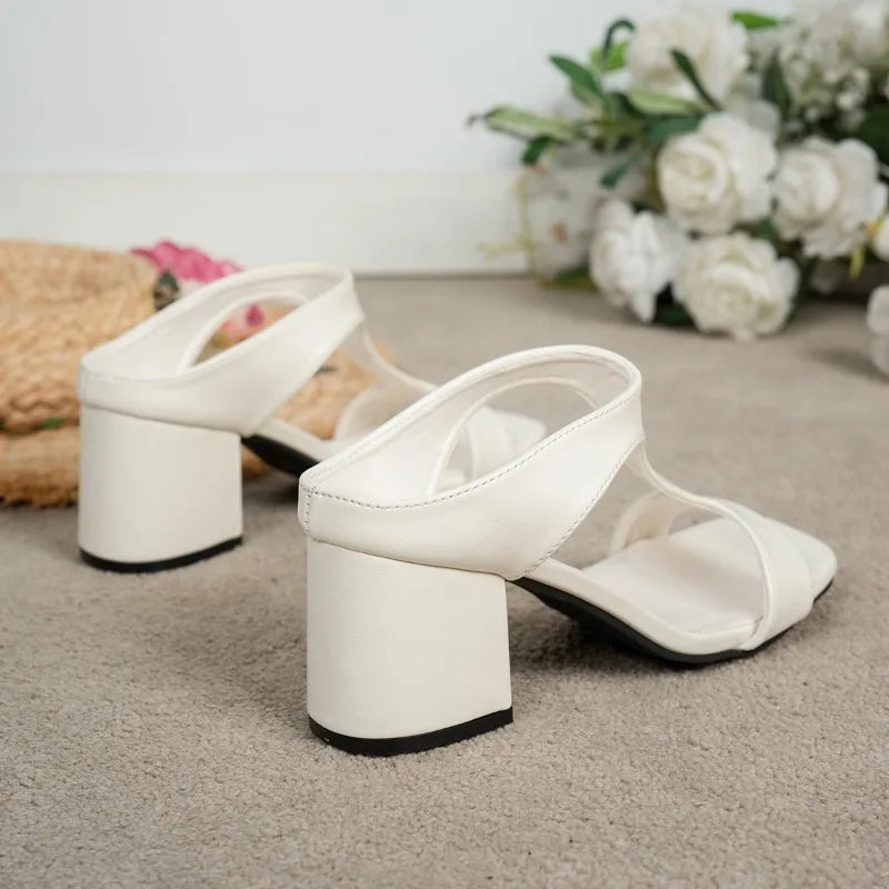 Square Toe Slippers High Heels Shoes Trend Causal Shoes Shallow Dress Open Toe Slides Mujer Plus Size