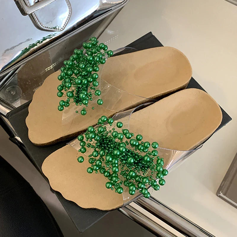 Green Pearl Slides Transparent Slippers Cozy Wide Open Toe Low Heels Beach Shoes Gladiator Sandals