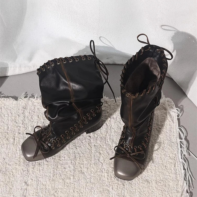 Vintage Pleated Mid-Calf Boots Cross-tied Square Toe Mid Heels Leather Novelty Concise Shoes
