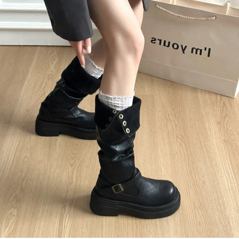 Platform Thick Bottom Woman Knee High Boots Shoes Elegant Belt Buckle Knight Booties