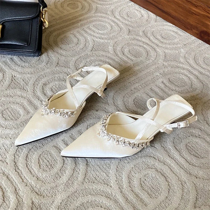 CRYSTAL Pointed Toe Narrow Band Woman Pumps Sandals Elegant Thin Low Heels Slingbacks Buckle Strap
