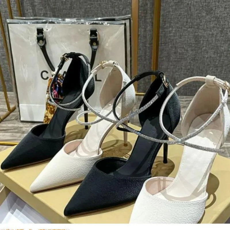 Rhinestone High Heels Pumps Buckle Wedding Shoes Pointed Stiletto Heel T-Heel Sandals