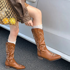 Vintage Western Cowboy Boots Slip On Thick Heel Shoes Embroidery Knight Botas