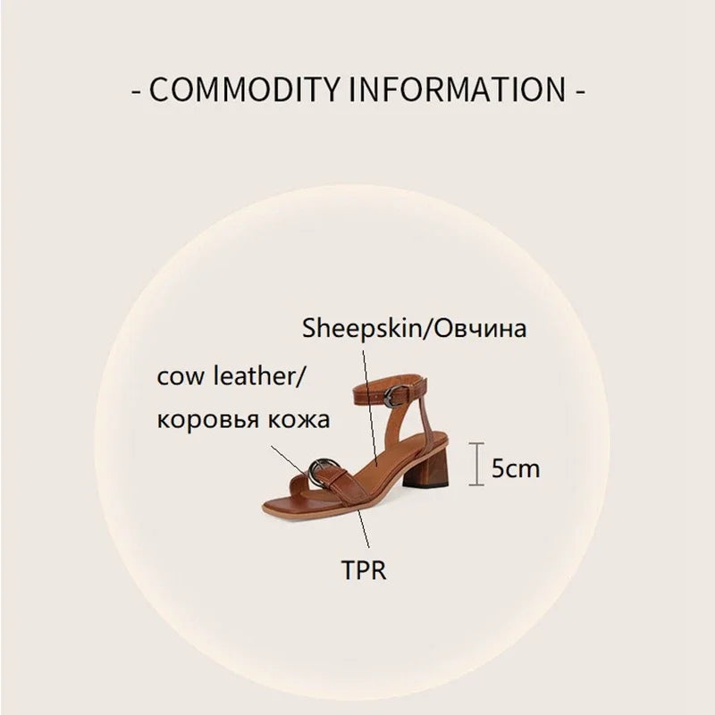 Shoes Square Toe Chunky Heel Cow Leather High Heels Solid Band Shoes Casual Black Shoes