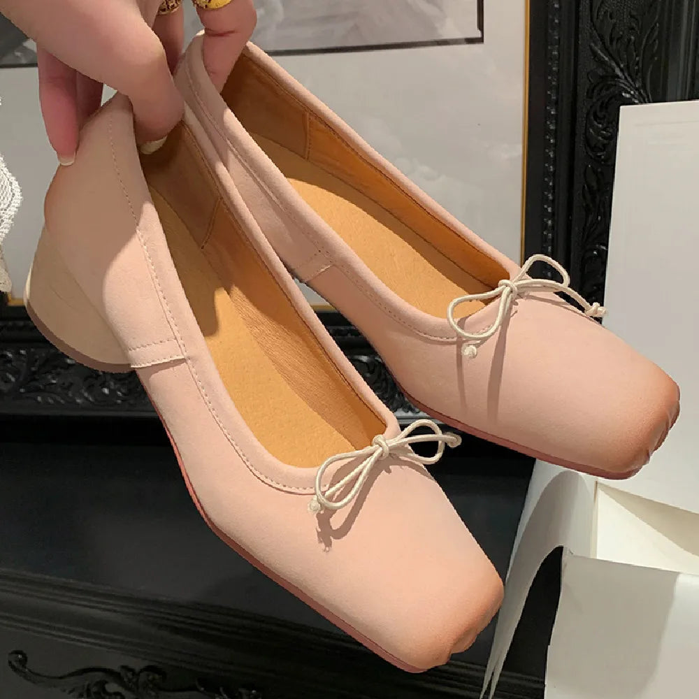 genuine leather 4.5cm thick med heel pleated square toe slip-on pumps sweet bowtie korean style heeled shoes sale