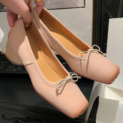 genuine leather 4.5cm thick med heel pleated square toe slip-on pumps sweet bowtie korean style heeled shoes sale
