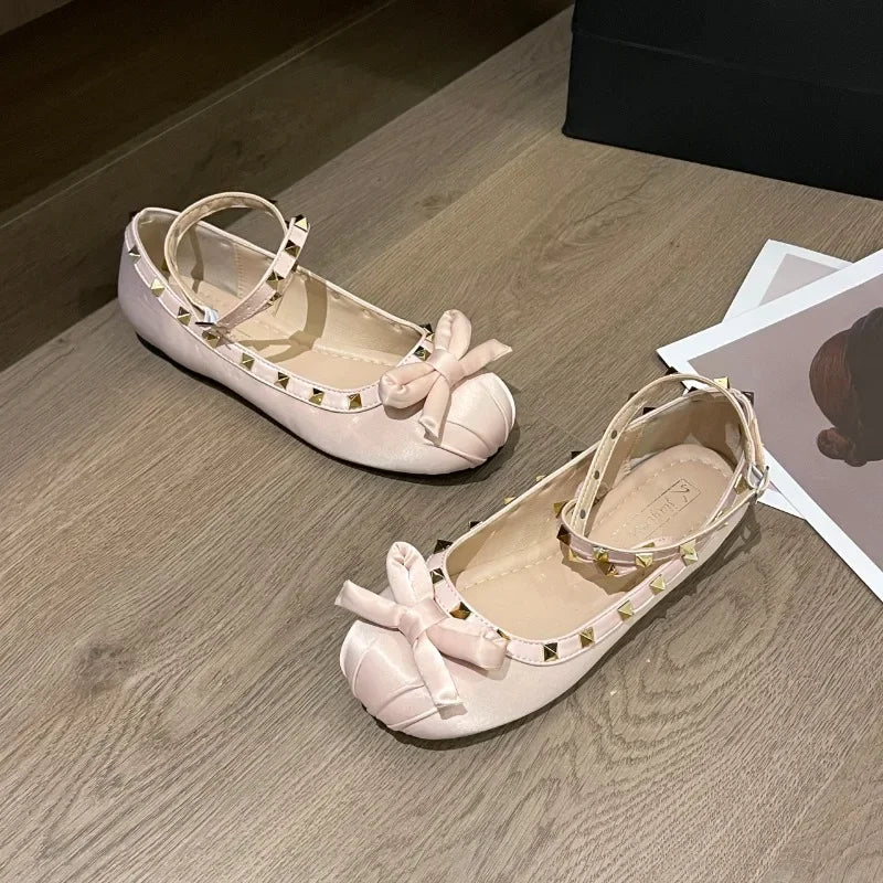 Shoes Rivets Causal Ballet Flats Bowknot Versatile Flat Shoes Ankle-strap