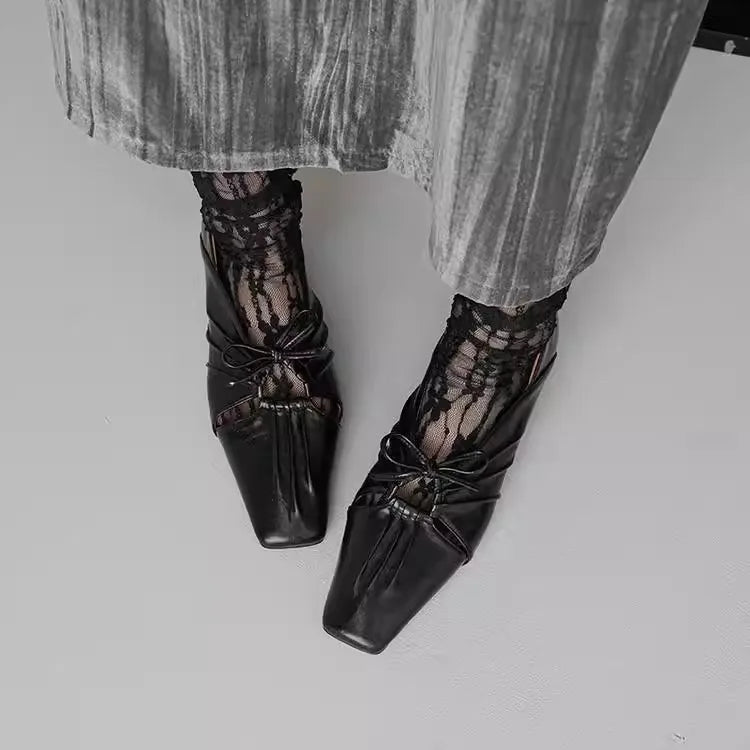 Pleated Hollow Mary Jane Style Shoes with Bow Design Flat Shoes Square Toe Casual Comfortable Outdoors Shoes Fashion
