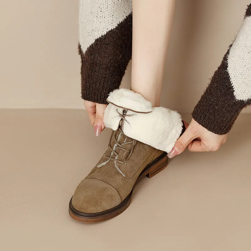Ankle Boots Office Casual Genuine Leather Wool Low Heels Comfortable Shoes Woman High Quality
