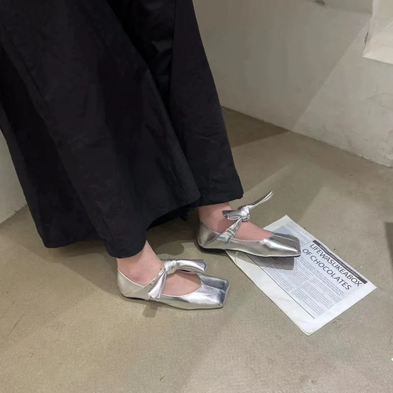 Ballerinas Shoes Round Toe Black Velvet Silver Mary Jane Shoes Sandals Elegant Ballet Flats