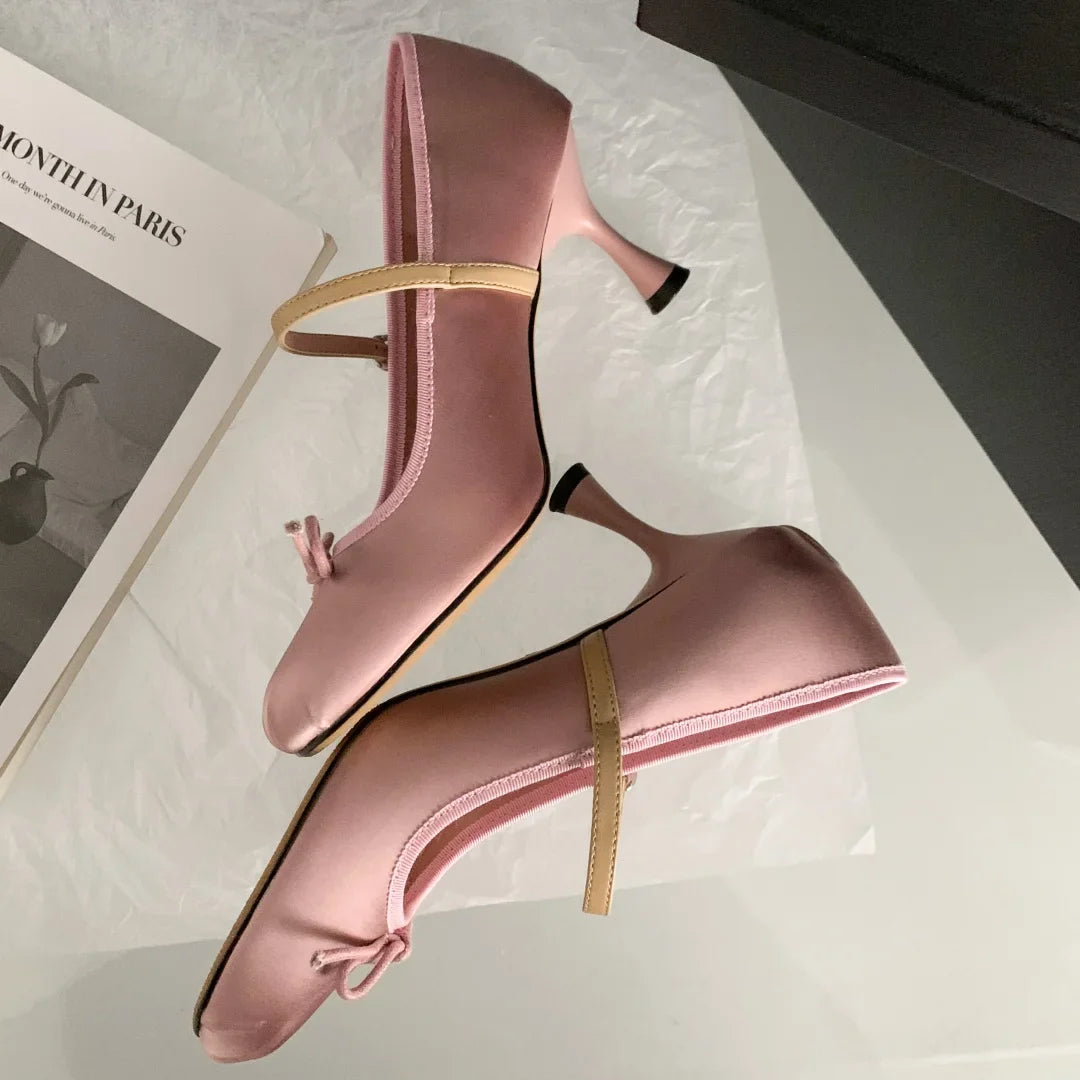 satin fabric sweet bow tie slip-on Mary Jane pumps elegant pink daily dress heeled shoes