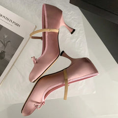 satin fabric sweet bow tie slip-on Mary Jane pumps elegant pink daily dress heeled shoes