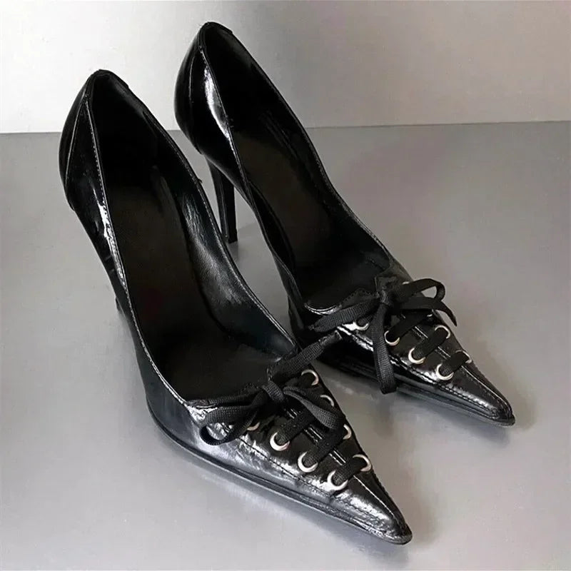 Pointed Toe Thin High Heels Lace Up Retro Street Style Party Brand Pumps Zapatos De Mujer