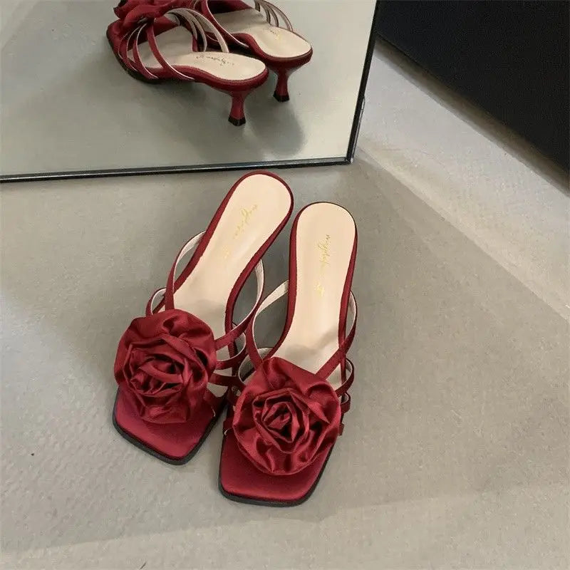 Red Rose Handmade Flower Sandal Heels Wedding Shoes Bride Shoes Design Pumps