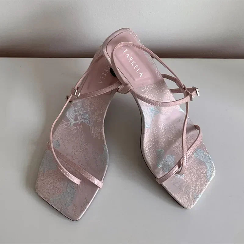 High Quality Original Elegant Satin Floral Design Heels Ankle-Wrap Clip Toe