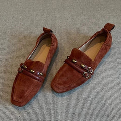 British Style Suede Square Toe Loafers Retro Belt Buckle Design Flats Shoes Comfortable Casual Commute Office Shoe