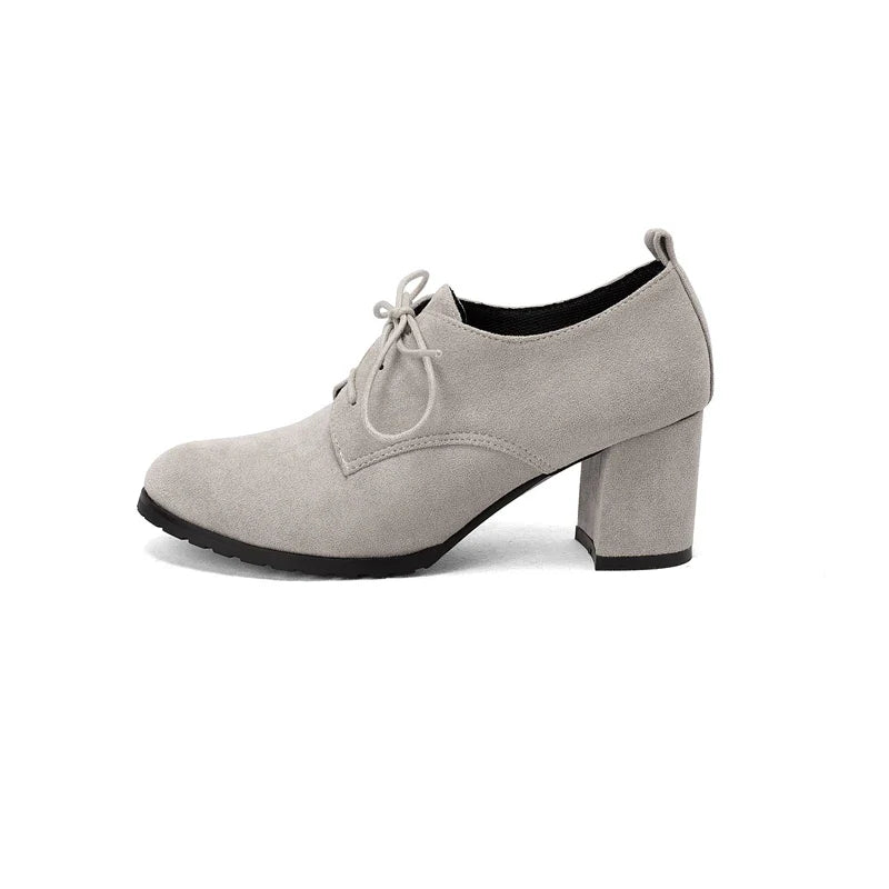 Retro Pumps Classics Flock Lace Up Office Round Toe Block High Heel Shoes Size 33-43 Black Brown
