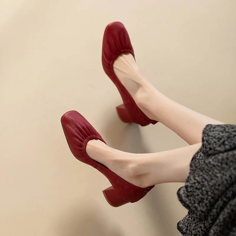 Oxford Shoes Vintage Pumps Mid Heels Square Toe Pumps Slip on Sewing High Heels Boat Shoes Elegant