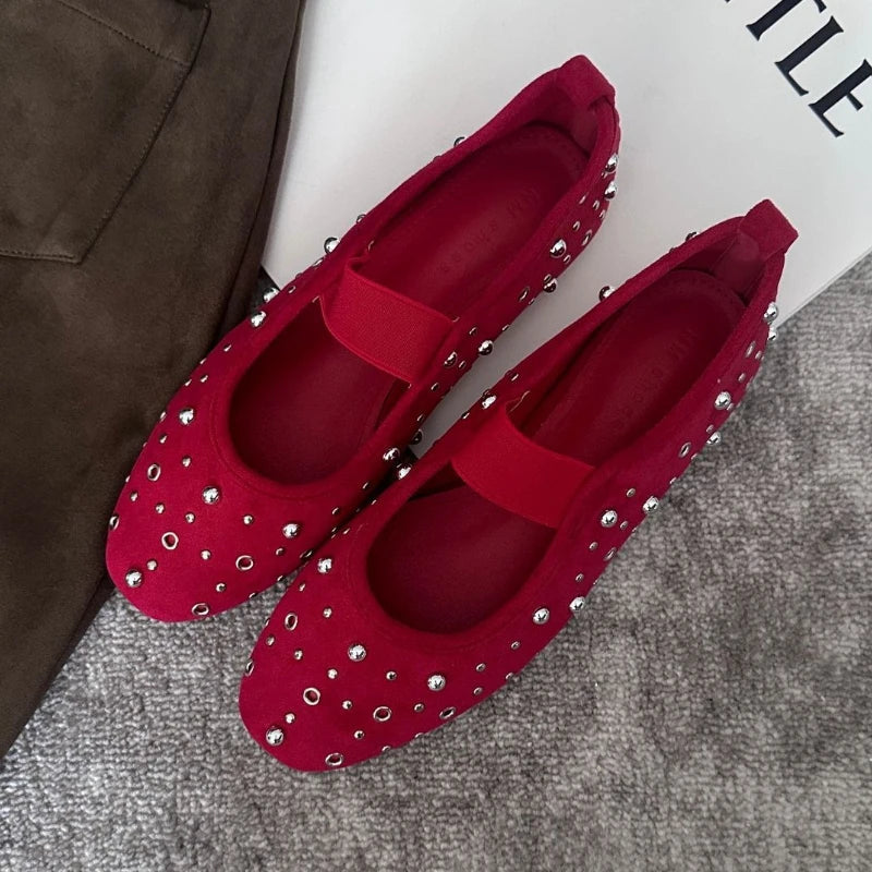 Retro Rivet Ballet Flats Suede Round Toe Mary Jane Shoes Comfort Shallow Flats Shoes Zapatos De Mujer