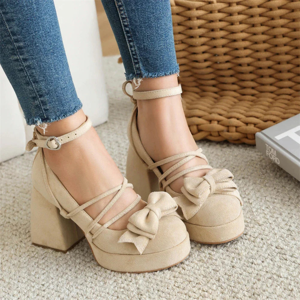 Lolita Bow Bow Decor Pumps Platform Chunky High Heels Ankle Strap Sweet Cute Elegant Pumps