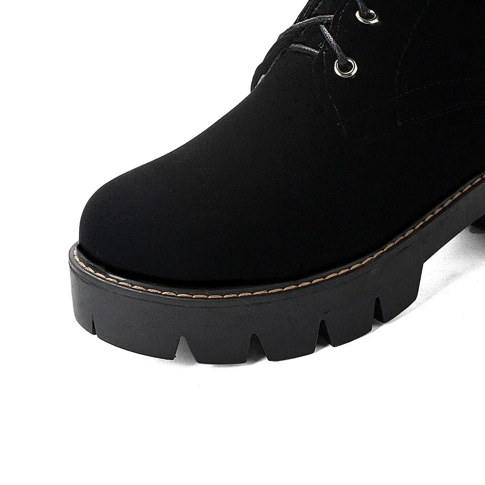 Lace-up Shoes Snow Boots Real Fur Boots Knee High Suede Thick Heel Warm Outdoor with Zip Big Size 43