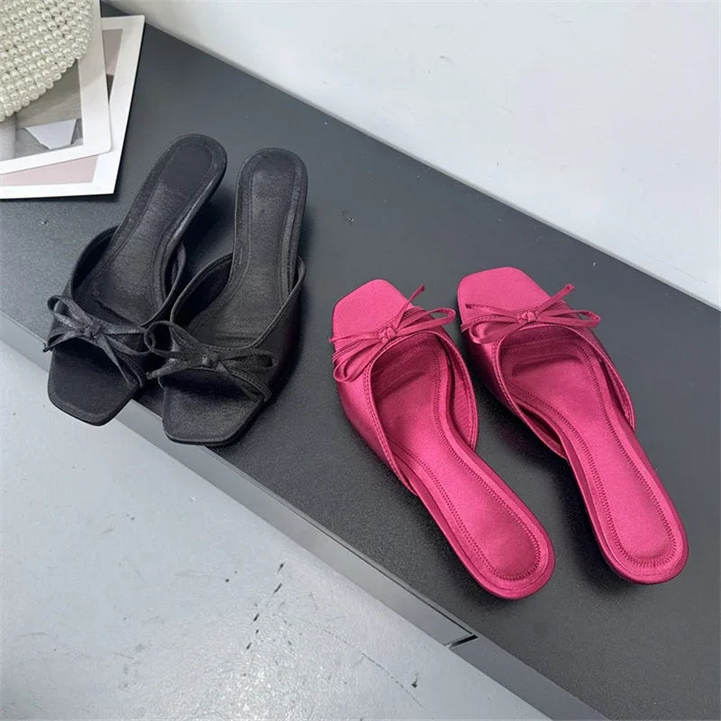 Butterfly-kont Slippers Elegant Square Toe Party Dress Sandals Low Heels Shoes Large Size 43