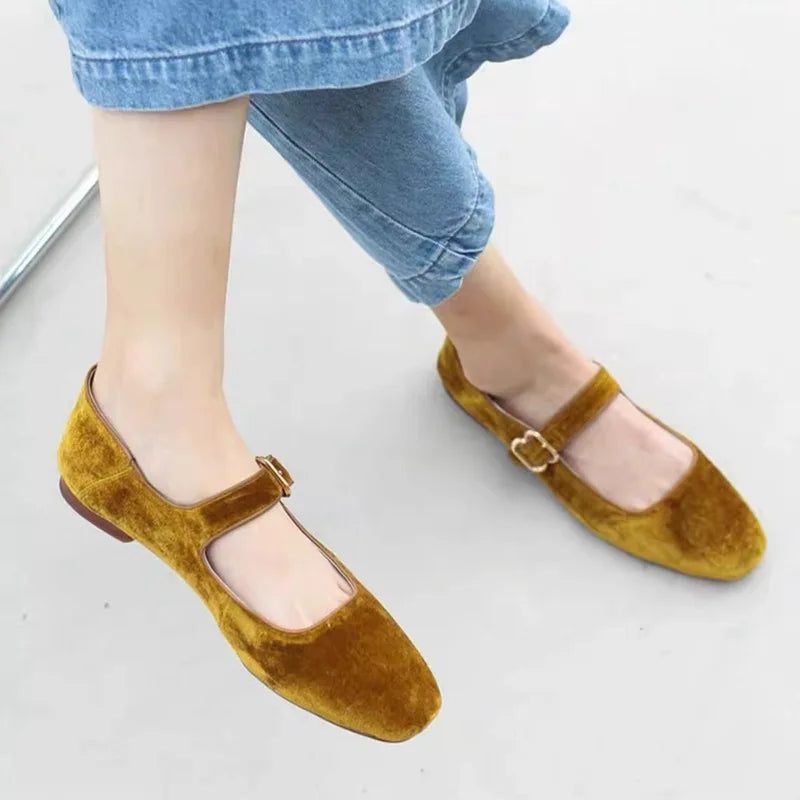 Velvet Mary Janes Belt Strap Shoes Square Toe Flats Ballerina Dress Barefoot Loafers Brides Ballets Femmes