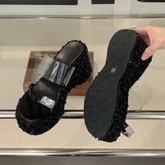 Crystal Sequin Cloth Platform Wedge Slippers Street Style Clip Toe High Heels Banquet Shoes