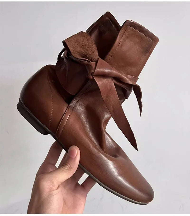 Soft Leather Lace-up Ankle Boots Comfortable Flats Short Booties Bowknot Chelsea Boots Shoes Botas