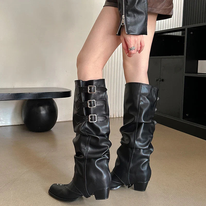 Vintage Belt Buckle Knee High Boots Removable Shoes Elegant Thick Heel Knight Long Booties