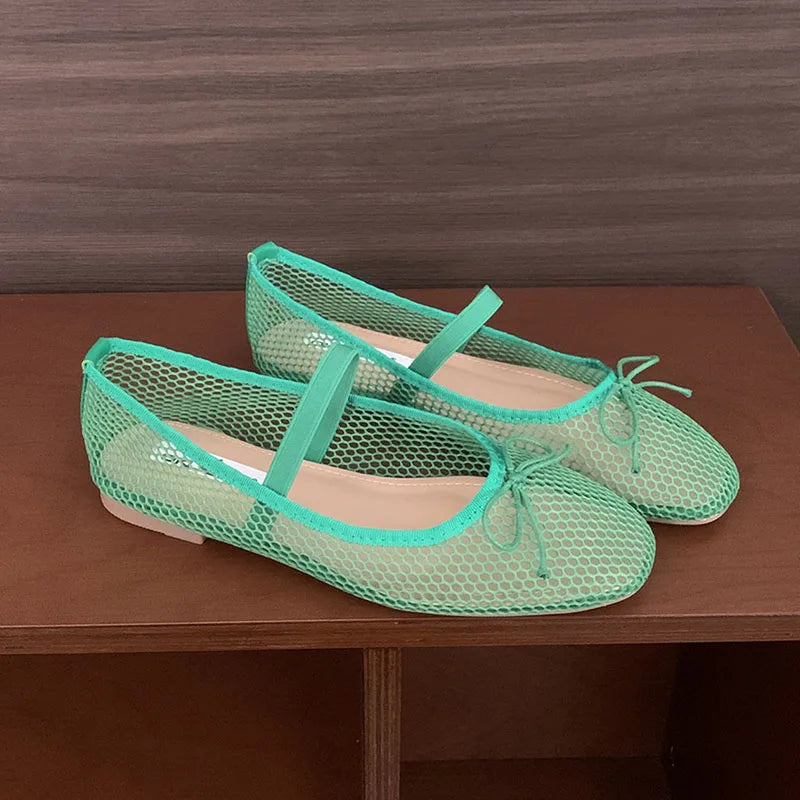 Mesh Breathable Mary Janes Flats Shoes Butterfly-Knot Footwear Ballet Flats Dance Shoes
