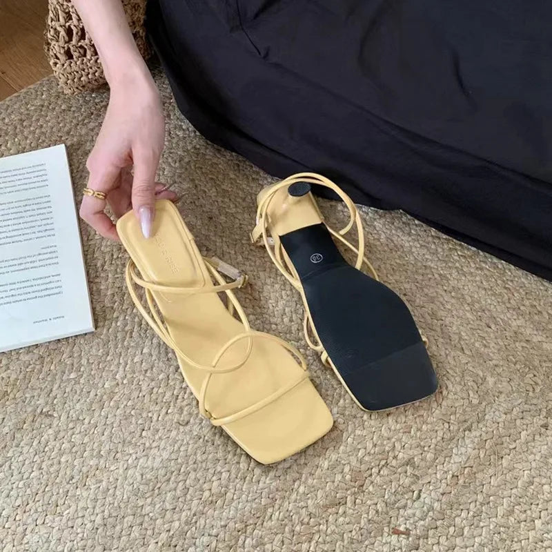 Womens Shoes Sandals Stiletto Heels Suit Beige All-Match Girls Low Comfort High Retro