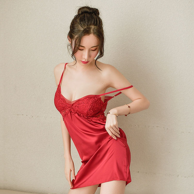 Backless Lace Patchwork Satin Slip Sleepwear Dress