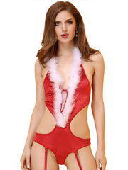 Christmas Costume Velour Furry Hooded Backless Lingerie Halloween