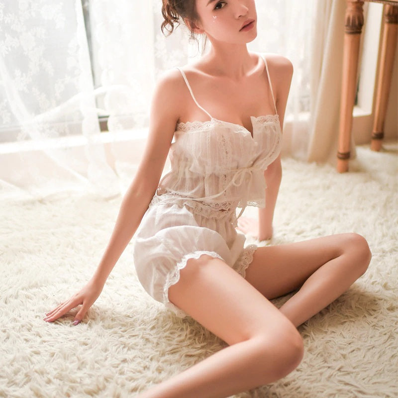 Cotton Lace Trim Sleeveless Strap Solid Nightwear
