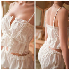 Cotton Lace Trim Sleeveless Strap Solid Nightwear