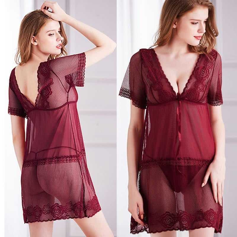 Deep V Mesh See-Through Short Sleeve Night Dresses